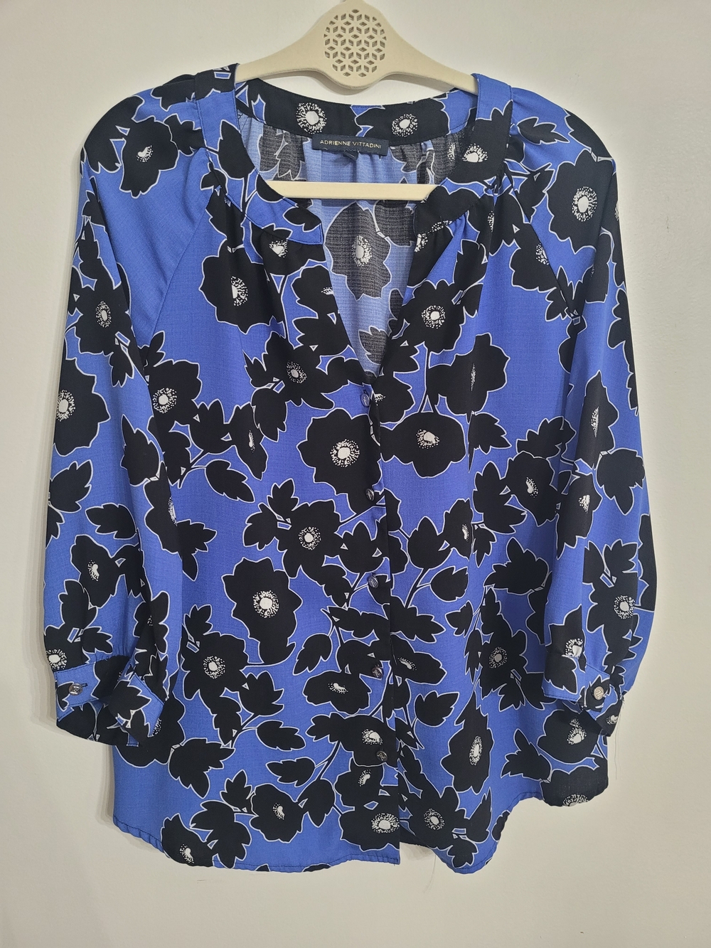 Adrienne Vittadini Womens Blouse Black And Blue Floral Size XL